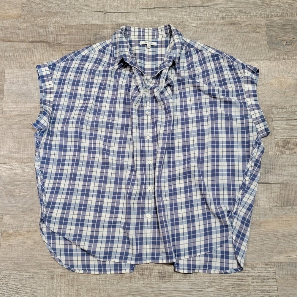 Lucky Brand Short Sleeve Flannel Button Up Shirt Size XL Blue White‎ Split Back